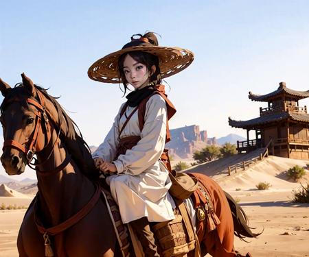 1girl dress like movie  New Dragon Gate Inn, desert, sand, bamboo_hat,   horseback_riding, horse,  outdoors,  riding, masterpiece, best quality, 8k, 
<lora:bamboohat_v2:0.66>