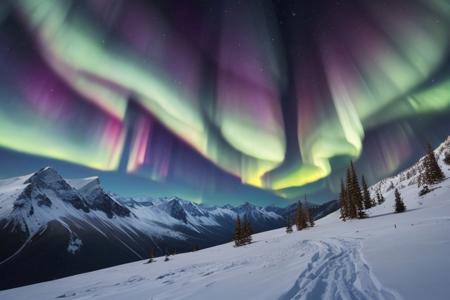 mountain, snow, falling star, aurora