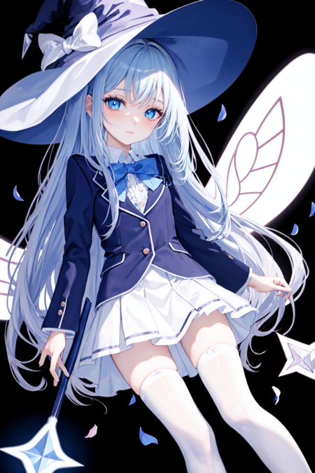 lineart, blue theme, masterpiece, magnum opus artwork of royal girl, detailed visual art, elegant, fairy, blazer, miniskirt, microskirt, witch hat, fairy wings, bare legs,  (simple background:1.0) (sky blue hair:1.0), , hime cut,bangs,sidelocks, (blue eyes:1.0), (ulzzang-6500-v1.1:0.9), , blush, fairy, school uniform, flower petals, mystical, shiny skin, magical girl, magic circle, devine force, fairy wings, fairy, butterfly, ribbon, frills magical_gardens,Eye-catching_appearance,spellcasting,bloody_weapon,glowing_eyes,shapely_legs,spellbinding_portals,thigh-high stockings,thigh-high slits,magical girl,witchcraft_tools,mystical_symbols,sultry_look,Magic_wand,hemorrhaging