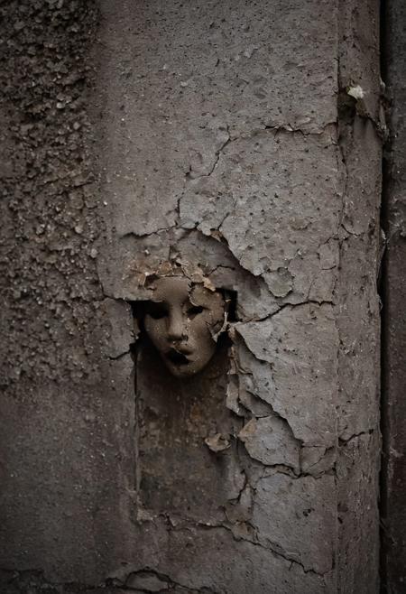 Create a haunting portrait of a face emerging out of a worn, cracked wall with tears streaming down their face like rain, shot on a Hasselblad H6D-100c with a HC 100mm f/2.2 lens, in a abandoned, crumbling building on a rainy day; capture a striking image of a face without a mouth, set against a dark, gradient-less background that seems to scream with silence, shot on a Canon EOS 5D Mark IV with an EF 50mm f/1.2L USM lens, in a dimly lit, empty alleyway at night.