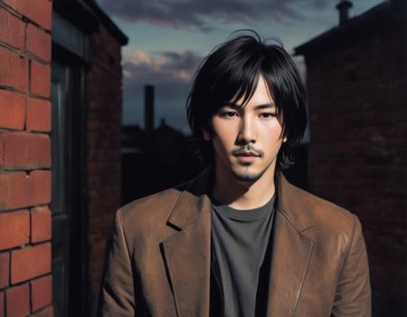 Keanu Reeves, a tall man with short black hair, wearing a black leather jacket, standing in front of a red brick wall. He is holding a guitar. The sky is dark and cloudy.