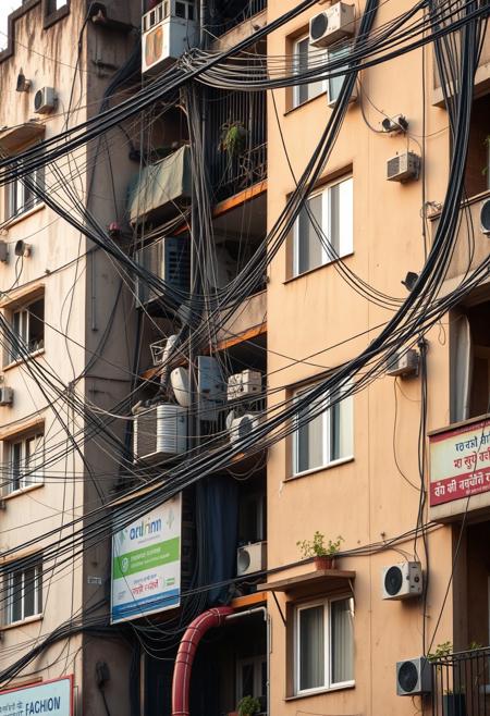 A beautifully composed professional photograph of an apartment building in New Delhi, focusing on the mass of cables, power lines, tangled phone wires and cable TV wires. Insane amount of wires, ultra realistic and detailed, banners and advertisements in Hindi, buildings are heavily weathered and dirty, pleasing early morning warm light highlights the buildings details, small balconies growing plants
