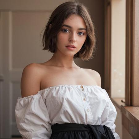 18 yo girl, slim, ginger, small nose, bobcut, blue eyes, small mouth, medium sizes lips, round face, cleavage, cute, offshoulder, blouse, medium breasts, round breasts, small gap between breasts, detailed lighting,shallow depth of field, romantic setting, dreamy pastel palette, whimsical details, captured on film, (intricate details:0.5)