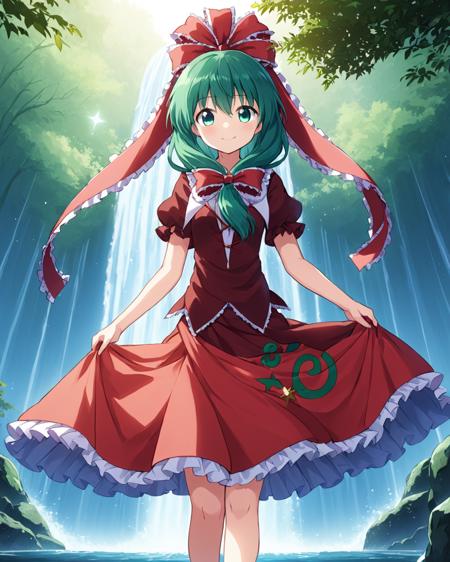 kagiyama hina,1girl, solo, front_ponytail, waterfall, hair_ribbon, hair_bow, skirt_hold, smile, red_dress, looking_at_viewer, short_sleeves, frilled_dress, tree, puffy_sleeves
<lora:kagiyama_hina_image8413_2023-12-14:1>,star-shaped_pupils,symbol-shaped_pupils,. gorgeous,key visual, vibrant, studio anime,award-winning, professional, highly detailed,high budget, cinemascope