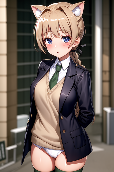 lynette, blue eyes, blonde hair, long hair, single braid, cat ears, cat tail  hair ribbon, black jacket, long sleeves, collared shirt, brown vest, green necktie, no pants, thighhighs, striped thighhighs