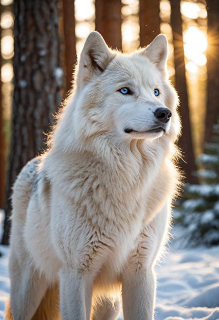 Majestic white wolf with piercing blue eyes standing in snow-covered pine forest, individual snowflakes catching on thick fur. Natural wildlife photography with telephoto lens, golden hour backlighting creating rim light effect. Hyperrealistic fur texture with individual hair strands visible, breath vapor in cold air. National Geographic quality wildlife documentation with shallow depth of field.