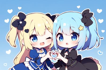 2girl, 
 ( star hair ornament) girl,blue hair, short hair, blue eyes, chibi,
heart hands duo, wince, one eye closed, 
 prt,blonde hair, blue eyes, one side up,( long hair) girl, chibi,