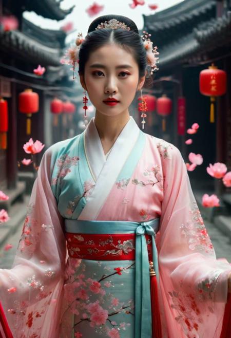 The texture of Wong Kar-Wai's movie, a very beautiful young woman wearing traditional Chinese clothing, Hanfu, very beautiful, fairy-like, with petals floating around, in the street, the texture of the movie, ultra-high quality, 4K, outstanding , detailed, full body shot