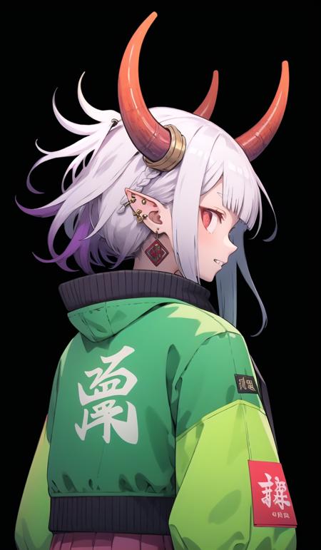 oniNFT, horns, jewelry, earrings, dragon, solo, black background, eastern dragon, jacket, upper body, multicolored hair, simple background, pointy ears, from behind, purple jacket, ear piercing, red hair, 1girl, white hair, teeth, long hair  <lora:oniNFT-block:1>