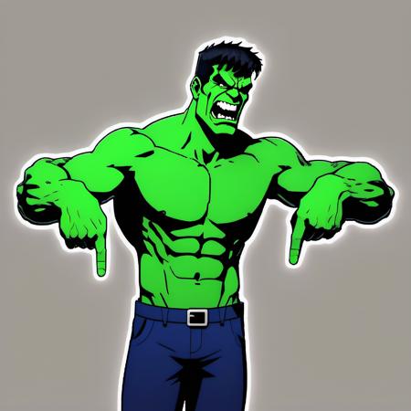 <lora:pointingdown:1.4>, (pointingdown:1.4), 1boy, man, (pointing down:1.2), legs hidden, no background, two hands pointing, Angry, open eyes, (Hulk:1.1), (Male:1.1), Star Wars, Green Hulk, Short Hair, Black Hair, Purple Shorts, Green Skin, (Muscular Male:1.2), (Mature Male:1.4), Bright Colors, Animated, Animation, Cartoon, Anime, Anime Face, Waifu, 2D, Visual Novel, Manga, Comic, Cel-Shaded