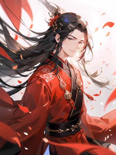 long hair,solo,petals,1boy,male focus,upper body,chinese clothes,black hair,falling petals,long sleeves,sash,hanfu,hair ornament,<lora:guofengnan:0.6>,black eyes,smile,