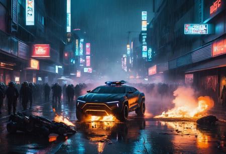 Futuristic cyberpunk scene in the year 2099 of huge mob of humanoid robots rioting on streets, futuristic tech everywhere, futuristic cyberpunk cars, chaos everywhere, robots turning cars over, fires, people running, night, raining, wet asphalt, futuristic police, fire, smoke, neon lights, cinematic