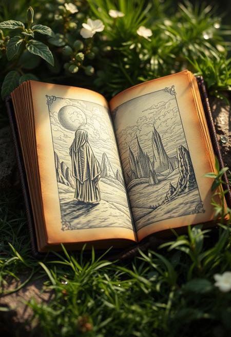 a highly detailed crosshatching shaded brass and gold enameled ink etching and coffee stain illustration of a small perfect body cloaked ornamental warlock observing a nimbus cloud city with intricate desert rock formations on a tea and coffee stained page in a old leather bound book, the scene around the book is rendered like a soft focus dreamy film movie shot on portra 400 35mm film, around the book there is lush foliage grass and dew,  dappled light