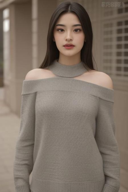 best quality, ultra high res, (photorealistic:1.4), 1girl, off-shoulder sweater, (faded ash gray , messy long hair:1), border light, depth of field, (small breasts:1.2), looking at viewer, standing, cleavage, (snmpOmi:1.0)