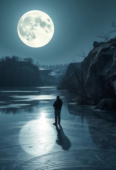 A quiet frozen lake reflecting an impossibly large full moon, where a single person appears to be fishing, yet their shadow stretches toward the sky, blurring reality with surrealism., sculptural architecture meets botanical illustration, organic structural design with naturalist detailing, biomorphic forms inspired by insects and plants, intricate surface textures, nature-driven engineering, architectural storytelling through metamorphosis, vivid scientific aesthetics merged with contemporary form, kinetic elements reflecting biological cycles, delicate linework fused with bold materials, ecological symbolism, fluid geometry with entomological motifs, garden-inspired public spaces, human interaction with illustrated natural systems, architectural sculpture infused with botanical precision