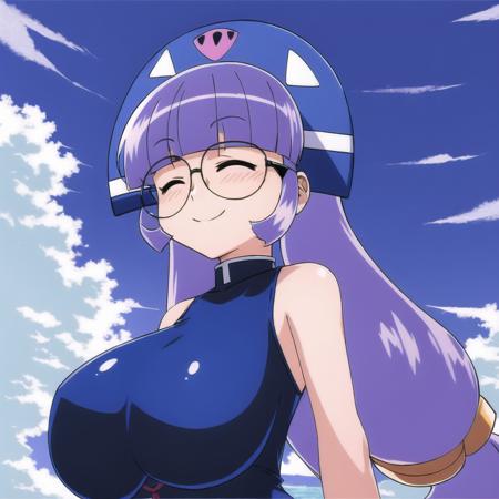 ((masterpiece)), ((best quality)), (retro artstyle:0.5), <lora:Gluko_Mon_Colle_Knights:0.95>, gluko_mon_colle, 1girl, bare_shoulders, blue_sky, breasts, closed_eyes, cloud, cloudy_sky, day, glasses, huge_breasts, long_hair, outdoors, purple_hair, sky, smile, solo, swimsuit, upper_body, very_long_hair