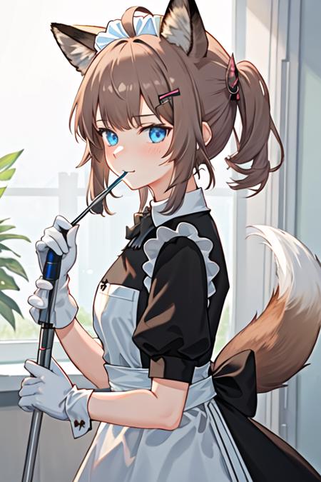 best quality, masterpiece, highres, 1girl, solo, {maid:1.40}, {long maid dress:1.15}, {sussurro_arknights:1.15}, animal_ears, fox_ears, ahoge, blue_eyes, short_hair, bangs, fox_girl, oripathy_lesion_\(arknights\), brown_hair, tail, fox_tail, closed_mouth, blush, animal_ear_fluff