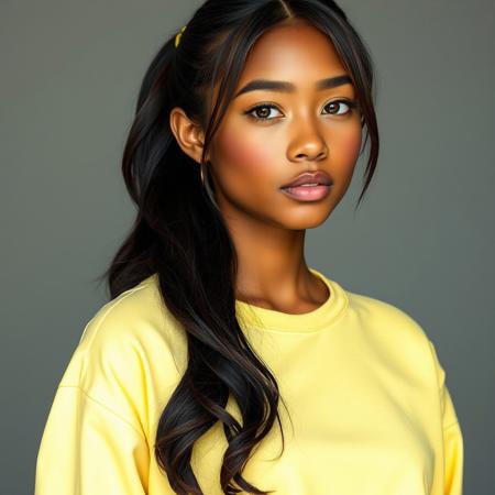 1girl, realistic, realistic photography, professional photography, photo from head to stomach, formal pose, facing the camera, head not out of frame, a 20 year old girl, light brown skin, height 165cm, chest circumference 73cm, lower chest circumference 63cm, round chest shape, stomach circumference 63cm, waist circumference 63cm, upper hip circumference 68cm, hip circumference 73cm, oval face, chin without slit, small ears, straight nose, bow shaped lips, almond shaped eyes, yellow eye color, thick straight eyebrows with a slight gentle curve, very long hair touching the hips, slightly wavy black slightly reddish hair, hair combed back, hair tied in a ponytail, only 1 ponytail, no front bangs, no side bangs, no bangs, yellow hair tie, wearing a long sleeved cotton t-shirt without buttons with an o neck collar, t-shirt covering up to the ankles, light yellow t-shirt, wearing light yellow stilettos, no make-up face, wearing a pair of gold earrings, wearing a gold necklace, not wearing a ring, not wearing a bracelet, no blush on the nose, no blush on the cheeks, no blush on the face, white wall background, professional photo studio lighting, accurate anatomy, detailed anatomy, realistic anatomy, detailed skin texture, realistic skin texture, detailed skin pores, realistic skin pores, detailed face, realistic face,