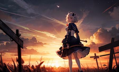 masterpiece, best quality, 1girl, (colorful),(finely detailed beautiful eyes and detailed face),cinematic lighting,bust shot,extremely detailed CG unity 8k wallpaper,white hair,solo,smile,intricate skirt,((flying petal)),(Flowery meadow) sky, cloudy_sky, building, moonlight, moon, night, dark theme, light, fantasy, <lora:epiNoiseoffset_v2:0.3>