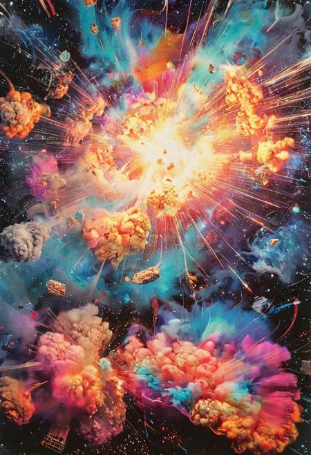 Product photograph, the 1980s, PsychadelicChaos, the universe, chaos, insane colors, the universe blowing up, insane colors, beautiful, epic, analog film grain, polaroid, DSLR