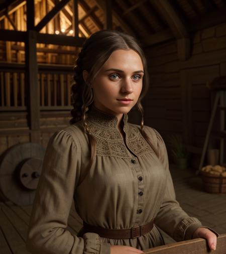 <lora:d0mpc_03SD-000008:0.9>, a (medium shot) photograph of (beautiful 23 year old) (d0mpc woman:1.2) as the miller's daughter,exceptionally attractive exuding an alluring and voluptuous physique that radiates warmth and sensuality,braided and lustrous dark hair cascades gracefully down her shoulders,Long dark eyelashes,captivating allure,blush on her cheeks,plump lips and welcoming smile,with a medieval mill courtyard behind her,a charming and rustic wooden structure nestled in a tranquil forest,wooden mill structure,its waterwheel turns gently,the girl is positioned near the mill courtyard,engrossed in various house chores,tending to the mill's operation,handling sacks of flour,organizing grains scattered around, cinematic photograph, photorealism, realistic lighting,(bokeh),realistic shadows,masterpiece,Award-winning, 8K wallpaper,Hyperrealistic, intricate detailed, subsurface scattering, rule of thirds, detailed pupils, 35mm photograph, detailed skin texture, subsurface scattering