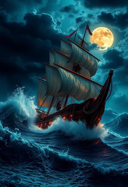 A Phoenician sailor struggles to steer his majestic sailing ship as it battles a storm, The waves crash dramatically against the ship, creating a sense of movement and intensity. Dark clouds drift across a bright moon enhancing the mystical and ominous atmosphere of the scene. dramatic fantasy, colourful, poetic, fantastic image. wide angle, deep focus, high quality, digital photo