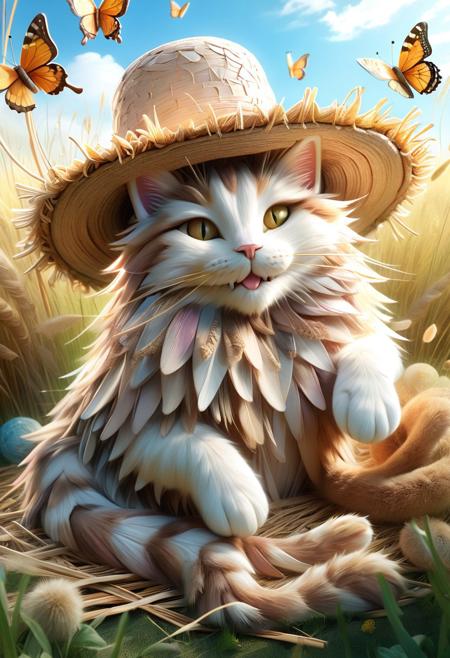 straw threads, 
beautiful, fantasy, and complex, detailed portrait,
A fluffy, overjoyed cat lounging atop a giant woven straw hat in a sun-drenched meadow, paws playfully tangled in loose threads, straw butterflies fluttering around, radiant smile and closed eyes of pure bliss, painterly lighting, soft textures, cozy fairytale vibe, storybook illustration, warm and charming detail