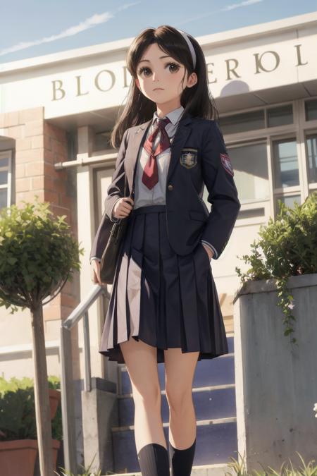 1girl,solo,mary,black hair,long hair,brown eyes,hair bands,school_uniform,Medium length skirt,looking_at_viewer,<lora:0003Rmary-000050:1>,