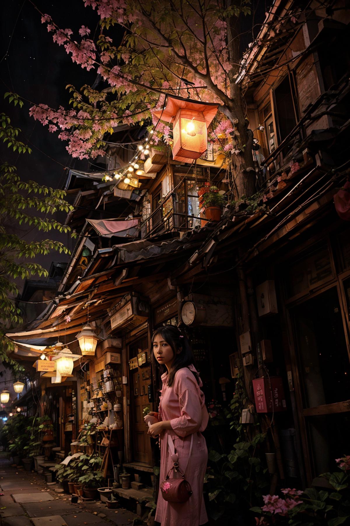 A woman in a pink robe is standing in front of a building with a clock on it.