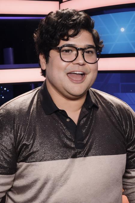 HarveyGuillen, photograph of man on TV, glasses, game show, looking at host, colorful, behind buzzer, excited, fun, open mouth
 <lora:rs-HarveyGuillenLora-03:1>