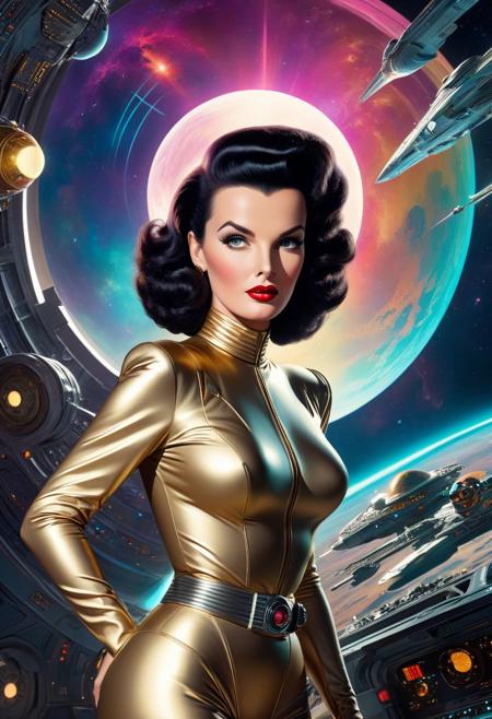 jane russell as a scifi space explorer in the style of matt baker, dave stevens, retrofuturism, futuristic, ultra detailed, ultra quality, intricate details, beautifully shot, perfect composition, colorful background, retouched, sharp focus, perfect, smooth, a masterpiece, bright volumetric lighting, complementary colors,