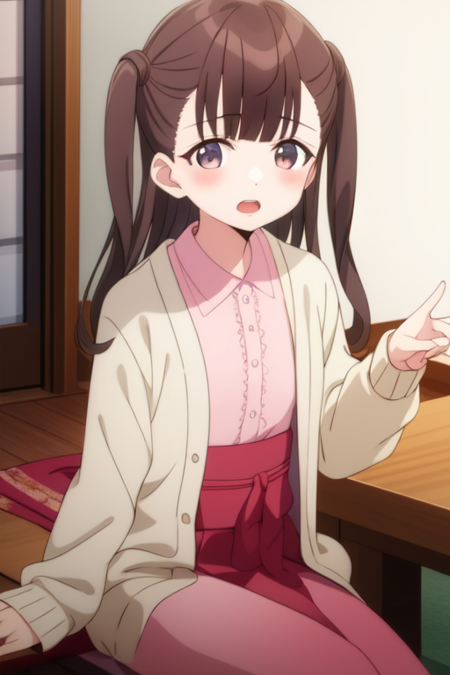 tokinoyamio, long sleeves, looking at viewer, sitting, one side up, open mouth, cardigan, collared shirt, open clothes, kimono