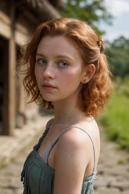 full shot photography of a pretty ginger irish girl, in the 18th century, blue eyes, messy victorian updo hairstyle, curly locks of hair pending over her shoulders, wearing a dirty filthy ragged used pirate outfit, looking around her, detailed face, detailed hands, indecent dynamic pose, rebelious smug expression, outside a tavern in an indonesian rustic fisher village, exquisite natural backlighting, dim light, rim light, low key, soft shadows, depth of field, photorealistic, analog film grain, rule of thirds, golden number, 8K, masterpiece
