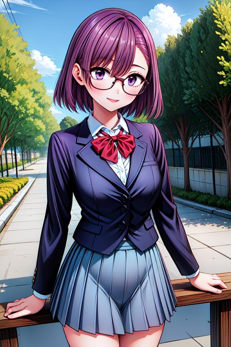 1girl, cowboy shot, outdoors, smile, glasses, 
nitengojigen_ririsa, purple eyes, purple hair, short hair, bangs, blazer, pleated skirt, <lora:Nitengojigen_ririsa_lora_ver1:0.7>, best quality, masterpiece, highres, <lora:GoodHands-vanilla:1>