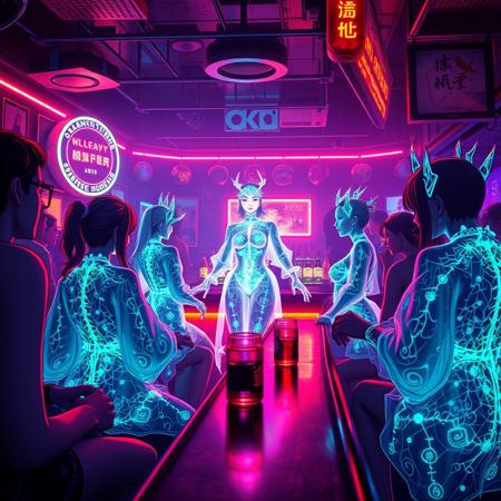 2025-04-10 23:25:32
Prompt
A vivid, cinematic strip club scene, illuminated by the pulsating neon lights that cast an ethereal glow on the bioluminescent patrons. In the center of this vibrant tableau, a stunning 32k masterpiece unfolds in a series of manga panels, each depicting a unique transformation sequence of five female Archaea and 1 Bioluminescence translucent male Kaiju. The females, with their translucent bodies revealing intricate bioluminescent veins, wear shimmering glass-like robes that seem to shatter and reassemble as they dance, each movement creating mesmerizing patterns of light. Sitting at the bar talking,
Negative Prompt
White skin, white people skin ton,
Model
Aitubo Waifu v2
Style
None
LoRA
SDXL Dragon Style
Image Dimension
832 x 1216
Seed
1491587265087659
Prompt Enhance
Off
Performance
Balance