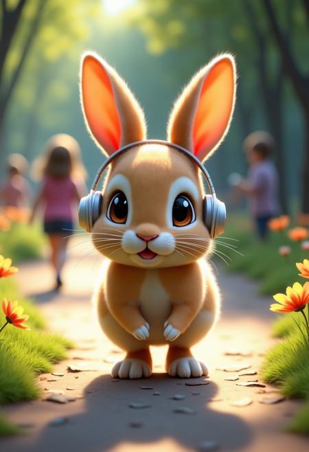 (masterpiece), best quality, expressive eyes, perfect face, sharp eyes, digital painting, voluminetric lighting, metallic reflections, 8k.
In the heart of a bustling park, a small rabbit hops along the winding paths, its soft fur glistening under the dappled sunlight. Perched atop its head are a pair of sleek, white earphones, the cords trailing down to a tiny music player nestled in its fur. The rabbit's ears twitch occasionally, catching snippets of the world around it while it bops to an unseen rhythm. As it moves, the rabbit pauses to sniff at blooming flowers, its nose twitching in delight. Children playing nearby giggle at the sight, pointing and whispering to each other. The rabbit, seemingly unfazed, continues its journey, weaving through the legs of park benches and around the feet of strolling visitors. The gentle hum of its music creates a serene bubble, allowing the rabbit to enjoy its own little adventure amidst the lively park scene.