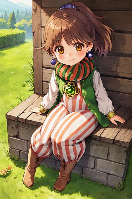 masterpiece,best quality,illustration,beautiful detailed girl, highres,1girl,<lora:porom dsff4:1>,porom dsff4,hair bobbles,scarf,necklace,cape,earrings,striped pants,vertical stripes,boots,full body,smile,sitting on ground, grass