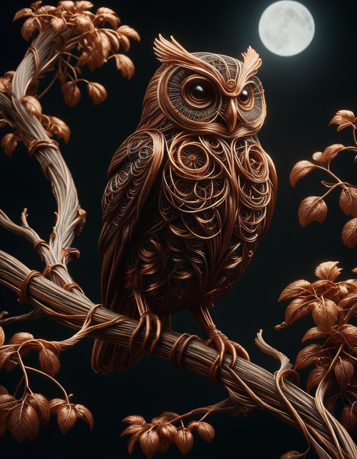 A 3D image of a bird on a branch with a moon in the background.
