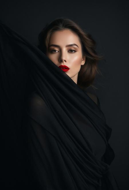 .In this masterpiece of photography, captured by a Fujifilm camera, a minimalist black background serves as the canvas for an exquisite portrait. The woman's face emerges, partially obscured by flowing fabric, creating an enigmatic and mysterious atmosphere. Sharp red lipstick accentuates her lips, adding a striking contrast against the dark tones of the composition. With ultra-realistic precision, every detail is rendered in insanely high resolution, making the image come alive in 8K HDR. The subtle gradient backdrop enhances the tranquil yet evocative aura, while the conceptual portraiture delves into the depths of perception. This stunning portrayal, enriched with a play on perception and visual metaphor, transports the viewer into a realm of surreal calm, where the beauty of minimalist abstraction meets the complexity of the human psyche, Light brown eyes, light brown hair