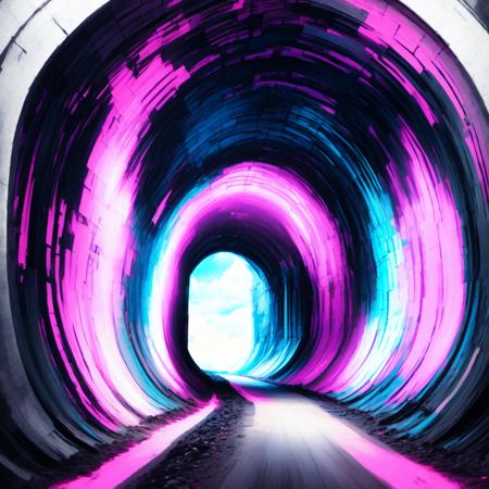 (BlackHoleGate style:1) a dark tunnel with a pink and blue sky in the background <lora:BlackHoleGate:1>