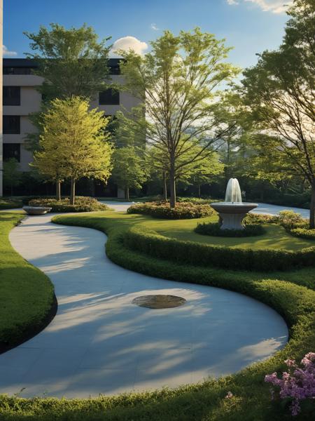 <lora:JJsLandscape_XL2:1>, masterpiece , best quality, ((Landscape)), scenery, outdoors, park, paving ,bench, building, tree, sky, real world location, day, grass, bush, flower, city, fountain, sculpture,  golden ratio. birds,  dramatic lighting, curvy,  sakura, subject, cloud, sky, golden hour, reflection,