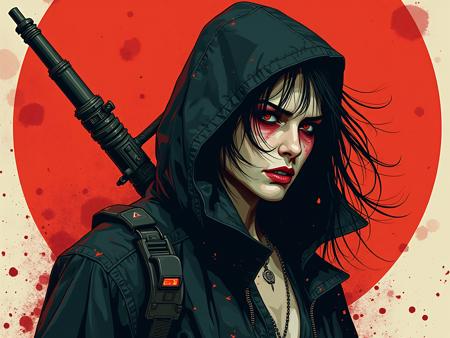 A fierce cyberpunk warrior woman with piercing red eyes and a dark, intense expression. She wears a black hooded tactical jacket, slightly worn, with red blood splatters on the fabric. Her long, unkempt black hair flows wildly in the wind. A futuristic assault rifle is strapped to her back, secured with a high-tech harness featuring glowing orange indicators. Her pale skin contrasts sharply with the bold red sun backdrop, giving the image a neo-noir, dystopian atmosphere. Her lips are deep crimson, and dark smudges of war paint streak across her face, enhancing her battle-hardened look. The art style is highly detailed, blending cyberpunk, anime, and graphic novel aesthetics with dramatic lighting and a painterly texture. High resolution, ultra-sharp detail, cinematic composition, digital painting.