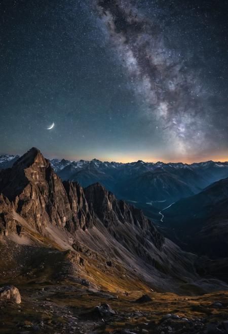 Imagine a breathtaking image of layered mountains, their rugged peaks stretching towards the sky like giants. Above, a star-studded canvas of night sky twinkles, with a small half moon glowing like a silver crescent. The mountains themselves are bathed in a soft, ethereal light, as if the stars have descended to illuminate the landscape. Shot on a Nikon D850 with a 24mm f/1.4 lens, this image should possess a sense of grandeur and wonder.