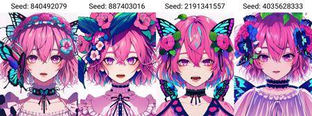 (masterpiece, best quality), (solo, 1girl, portrait), (hair flower, short hair, pink hair, hair between eyes, hair ornament), (pink eyes, looking at viewer), butterfly, bug,  blue flower, frills, multicolored butterfly, ribbon, open mouth, choker,  white background, bangs, leaf,