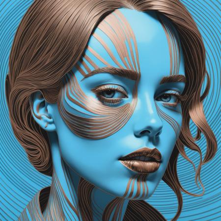 doodle art 3D, in the style of pop art-inspired portraits, interference patterns, light sky-blue and bronze, realistic hyper-detail, engraved line-work, graphic novel, face of a woman
