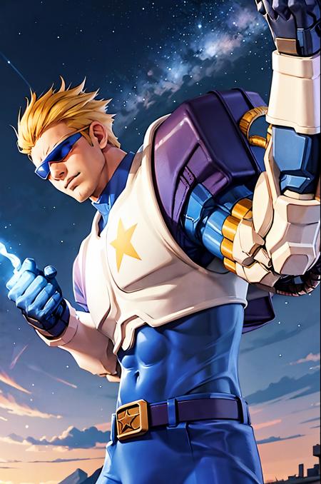 captain, armor, spiked hair, short hair, mechanical arms, power lines, blue gloves, gauntlets, 1boy, male focus, blonde hair, sunglasses, closed mouth, star \(symbol\), boots, belt, pants, star print, blue pants, gloves