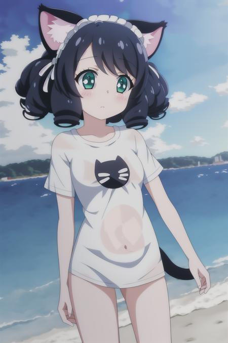 masterpiece, raytraycing, high detailed, 1girl, show_by_rock, cat ears, short black hair, (beach background), cat tail, wearing only t-shirt, white t-shirt, without pants, bare legs, green eyes, curly hair, curls, SFW