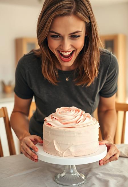 A young woman, likely in her twenties, with shoulder-length light brown hair, is joyful.  She's wearing a charcoal grey t-shirt without texture, the shirt is tight and emphasizes her breasts. She is sexy.
She appears happy, lustful, and engaged in a celebratory moment.  Her expression is animated. She is displaying lust, expressing a sense of joyous seduction or happiness, She has perfect hands and fingers, she leans over the cake in front of her. She is looming over the cake.  She is looking directly at the viewer
A round birthday cake with a light, blush-pink buttercream frosting and decorative swirls is centered on a white cake stand, positioned in front of her. The frosting has a rose-like pattern.  The setting is a brightly lit, kitchen-style dining room.  A white table is covered with light beige tones.  Wooden dining chairs are in the background, adding a neutral counterpoint to the scene. 
The lighting is warm and natural.  The camera angle is slightly low, with a focus on the woman and her joyous reaction.  The atmosphere is celebratory, warm, and inviting, reflecting the joyful emotion associated with a birthday celebration.  The overall style is casual and friendly, evoking a sense of comfort and good cheer.