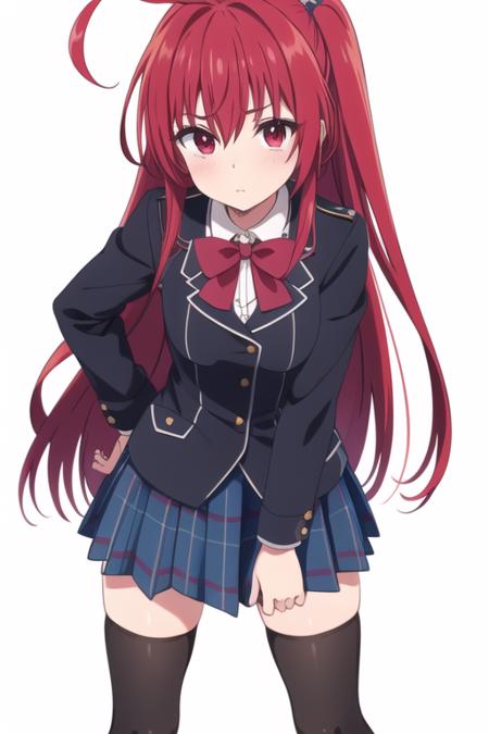 masterpiece, best quality,1girl, solo,saionji sarasa,red hair,very long hair,ahoge,[[[side ponytail]]],red eyes,school uniform,jacket,blue plaid skirt, black thighhighs,<lora:saionji:0.6>,standing, looking at viewer, white background, simple background, hands on own knees, 
