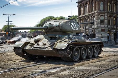 Tan t34 racing down the street,  shooting, day time, High Detail, Sharp focus, ((photorealism)), realistic, best quality, 8k, side view, sun in the sky